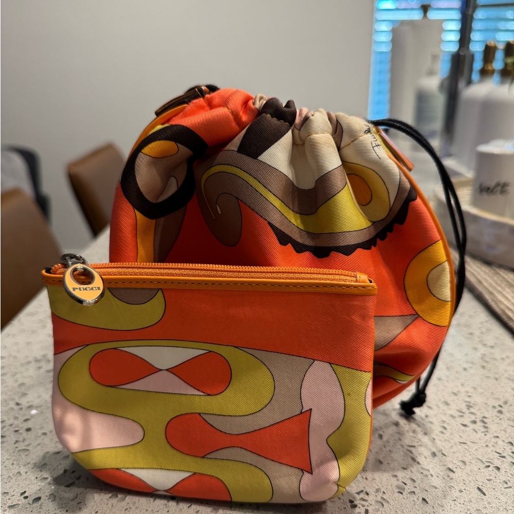 Emilio Pucci Orange and Yellow Patterned Cosmetic Bag Duo